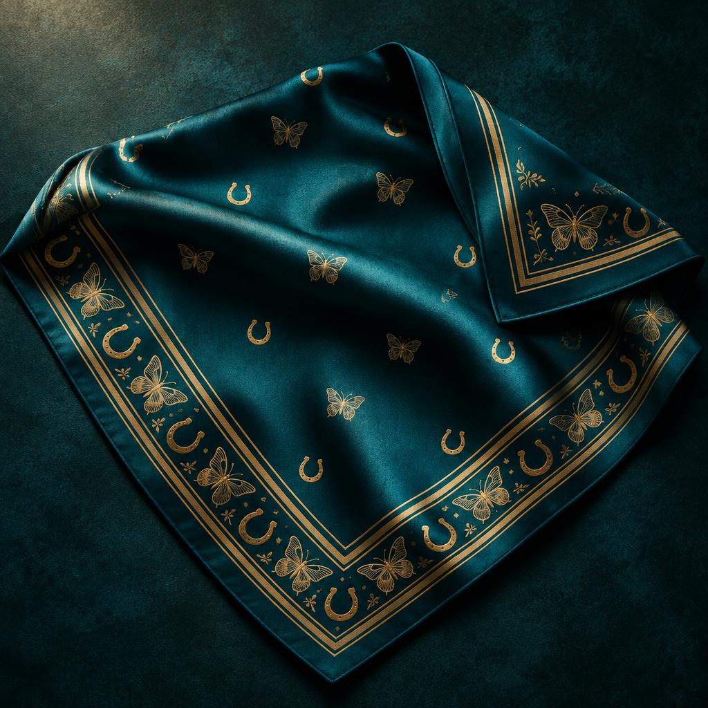 Deep teal bandana with gold butterflies and horseshoe motifs