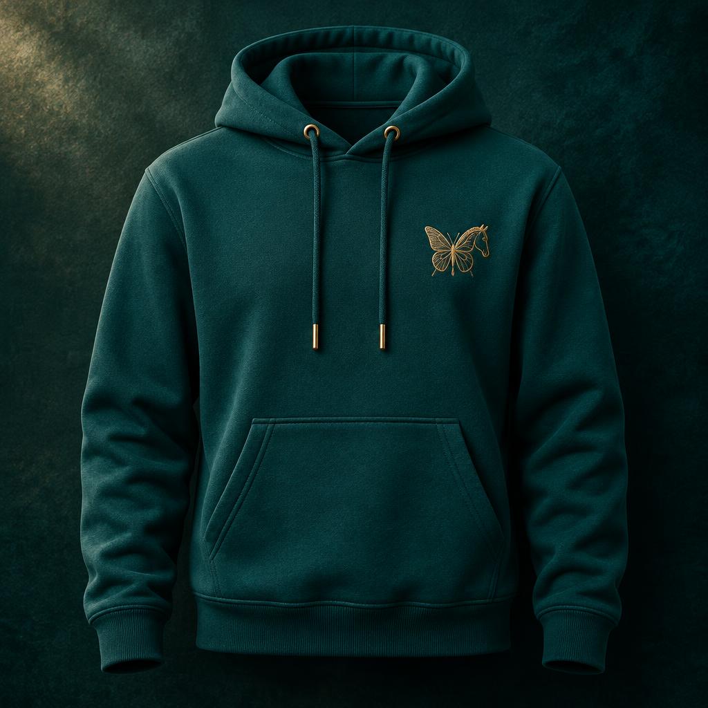 Deep teal hoodie with a small gold butterfly and horse emblem design