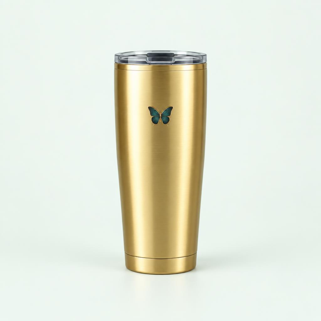 Brushed gold tumbler with teal butterfly design